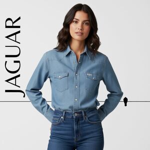 Jaguar Oversized Chambray Snap Button Pocket Chest Cotton  Denim Shirt Medium